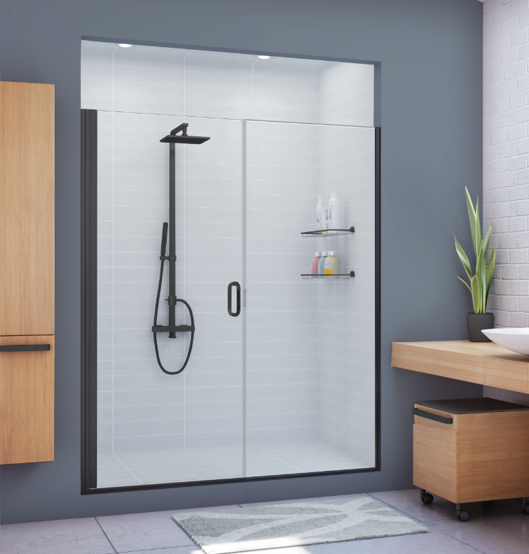 Alumax 300CV-HG continuous hinge semi-frameless shower.  Best solution for fiberglass shower stalls or situations without proper wall support.